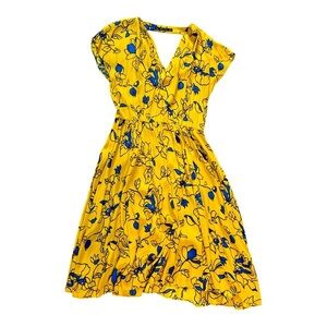 Zara Basic Midi Dress Mustard Yellow Blue Floral Keyhole Open Back